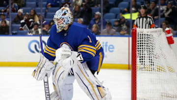 BUFFALO, NEW YORK - DECEMBER 01: Ukko-Pekka Luukkonen #1 of the Buffalo Sabres in net during the first period of an NHL hockey game against the Colorado Avalanche at KeyBank Center on December 01, 2022 in Buffalo, New York. (Photo by Joshua Bessex/Getty Images)