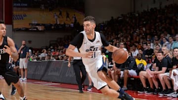 LAS VEGAS, NV - JULY 7: Georges Niang #31 of the Utah Jazz handles the ball against the Portland Trail Blazers during the 2018 Las Vegas Summer League on July 7, 2018 at the Cox Pavilion in Las Vegas, Nevada. NOTE TO USER: User expressly acknowledges and agrees that, by downloading and/or using this Photograph, user is consenting to the terms and conditions of the Getty Images License Agreement. Mandatory Copyright Notice: Copyright 2018 NBAE (Photo by David Dow/NBAE via Getty Images)