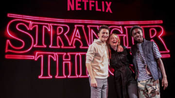 BUENOS AIRES, ARGENTINA - DECEMBER 08: (L-R) Actors Noah Schnapp, Caleb McLaughlin and actress Sadie Sink pose after the Stranger Things panel during day 2 of Argentina Comic Con 2018 at Costa Salguero on December 08, 2018 in Buenos Aires, Argentina. (Photo by Ricardo Ceppi/Getty Images for NETFLIX)