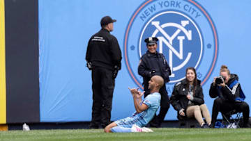 BRONX, NY - MARCH 27: Héber #9 of New York City slides after scoring a goal to tie the match during the MLS match between New York City FC and Orlando City SC at Yankee Stadium on March 27, 2019 in the Bronx borough of New York. The match ended in a tie of 1 to 1. (Photo by Ira L. Black/Corbis via Getty Images)