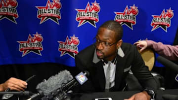 Feb 15, 2013; Houston, TX, USA; Eastern Conference guard Dwyane Wade of the Miami Heat speaks to the media during a press conference at the Hilton Americas. Mandatory Credit: Bob Donnan-USA TODAY Sports