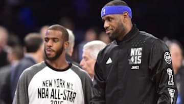 February 15, 2015; New York, NY, USA; (EDITORS NOTE: caption correction) Eastern Conference forward LeBron James of the Cleveland Cavaliers (23) and Eastern Conference guard Chris Paul of the Los Angeles Clippers (left) before the 2015 NBA All-Star Game at Madison Square Garden. Mandatory Credit: Brad Penner-USA TODAY Sports