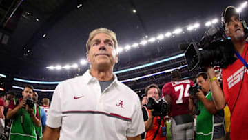 ARLINGTON, TX - SEPTEMBER 03: Head coach Nick Saben of the Alabama Crimson Tide walks off the field after the Alabama Crimson Tide beat the USC Trojans 52-6 during the AdvoCare Classic at AT&T Stadium on September 3, 2016 in Arlington, Texas. (Photo by Tom Pennington/Getty Images)