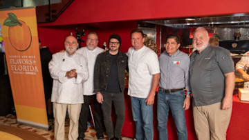 Disney Springs Flavors of Florida presented by CORKCICLE returns to Walt Disney World Resort Jul. 1-Aug. 13 with more delectable dishes and a hefty dash of Florida flair including a scrumptious new culinary series featuring renowned chefs known for their gastronomic genius. (L to R) Chef José Andrés of Jaleo; Georg Paulussen Executive Chef at Disney Springs; Steve Lewis of Gideon’s Bakehouse; Chef James Petrakis of The Polite Pig; George Miliotes of Wine Bar George; Chef Art Smith of Homecomin’ Kitchen. (Kent Phillips, Photographer)