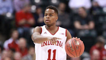 Mar 11, 2016; Indianapolis, IN, USA; Indiana Hoosiers guard Yogi Ferrell (5) brings the ball up court against the Michigan Wolverines during the Big Ten Conference tournament at Bankers Life Fieldhouse. Michigan wins 72-69. Mandatory Credit: Brian Spurlock-USA TODAY Sports