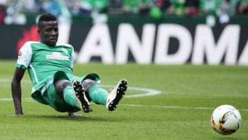 BREMEN, GERMANY - MAY 14: Papy Djilobodji of Bremen in action during the Bundesliga match SV Werder Bremen and Eintracht Frankfurt at Weserstadion on May 14, 2016 in Bremen, Germany. (Photo by Oliver Hardt/Bongarts/Getty Images)