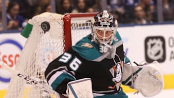 TORONTO, ON - February 4 In first period action, Anaheim Ducks goaltender John Gibson (36) keeps his eyes on a shot.The Toronto Maple Leafs played the Anaheim Ducks at the Scotiabank Arena in NHL action.February 4, 2019 (Richard Lautens/Toronto Star via Getty Images)
