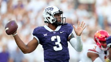 FORT WORTH, TX - SEPTEMBER 29: Shawn Robinson #3 of the TCU Horned Frogs looks for an open receiver against the Iowa State Cyclones in the first quarter at Amon G. Carter Stadium on September 29, 2018 in Fort Worth, Texas. (Photo by Tom Pennington/Getty Images)