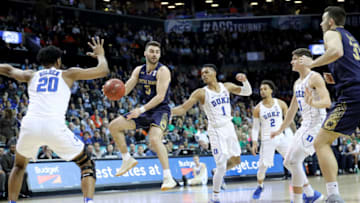 NEW YORK, NY - MARCH 08: Matt Farrell #5 of the Notre Dame Fighting Irish looks to pass the ball in the first half against the Duke Blue Devils during the quarterfinals of the ACC Men's Basketball Tournament at Barclays Center on March 8, 2018 in the Brooklyn borough of New York City. (Photo by Abbie Parr/Getty Images)