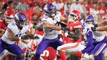 Aug 27, 2021; Kansas City, Missouri, USA; Kansas City Chiefs running back Derrick Gore (40) is tackled by Minnesota Vikings defensive end Kenny Willekes (79) during the second half at GEHA Field at Arrowhead Stadium. Mandatory Credit: Denny Medley-USA TODAY Sports