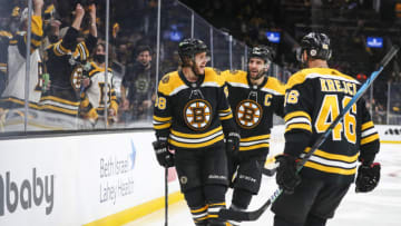 BOSTON, MA - MAY 21: David Pastrnak #88 of the Boston Bruins reacts after scoring in the third period of Game Four of the First Round of the 2021 Stanley Cup Playoffs against the Washington Capitals at TD Garden on May 21, 2021 in Boston, Massachusetts. (Photo by Adam Glanzman/Getty Images)