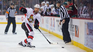 Mar 31, 2016; Saint Paul, MN, USA; Ottawa Senators defenseman Marc Methot (3) passes in the first period against the Minnesota Wild at Xcel Energy Center. the Ottawa Senators beat the Minnesota Wild 3-2. Mandatory Credit: Brad Rempel-USA TODAY Sports