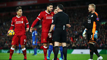 LIVERPOOL, ENGLAND - DECEMBER 30: Emre Can of Liverpool confronts referee Neil Swarbrick after some confrontation with Harry Maguire of Leicester City after Liverpool's first goal during the Premier League match between Liverpool and Leicester City at Anfield on December 30, 2017 in Liverpool, England. (Photo by Clive Brunskill/Getty Images)