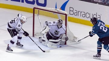Jan 3, 2017; San Jose, CA, USA; Los Angeles Kings goalie Peter Budaj (31) makes a save against San Jose Sharks right wing Timo Meier (28) during the third period at SAP Center at San Jose the Kings defeated the Sharks 2-1. Mandatory Credit: Neville E. Guard-USA TODAY Sports