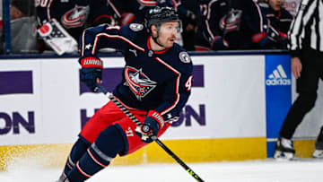 Nov 10, 2022; Columbus, Ohio, USA; Columbus Blue Jackets defenseman Vladislav Gavrikov (4) in the first period against the Philadelphia Flyers at Nationwide Arena. Mandatory Credit: Gaelen Morse-USA TODAY Sports