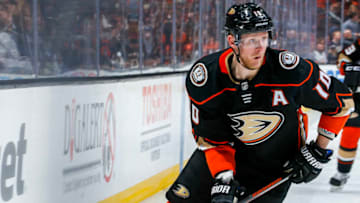 ANAHEIM, CA - APRIL 1: Corey Perry #10 of the Anaheim Ducks skates with the puck during the first period of the game against the Colorado Avalanche at Honda Center on April 1, 2018 in Anaheim, California. (Photo by Debora Robinson/NHLI via Getty Images) *** Local Caption ***