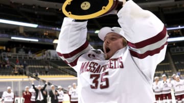 UMass goalie Filip Lindberg, who helped UMass to the NCAA title this year, was selected by the Minnesota Wild in the seventh round of the 2019 NHL Entry Draft. (Photo by Gregory Shamus/Getty Images)