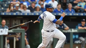 KANSAS CITY, MISSOURI - JUNE 21: Martin Maldonado #16 of the Kansas City Royals hits a RBI single in the first inning against the Minnesota Twins at Kauffman Stadium on June 21, 2019 in Kansas City, Missouri. (Photo by Ed Zurga/Getty Images)