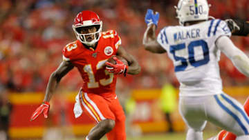 KANSAS CITY, MO - OCTOBER 06: Kansas City Chiefs Wide Receiver Byron Pringle (13) looks for a block during the game between the Indianapolis Colts and the Kansas City Chiefs on October 6, 2019 at Arrowhead Stadium in Kansas City, MO. (Photo by Jeffrey Brown/Icon Sportswire via Getty Images)