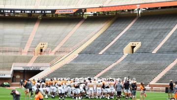 Players huddle at an open University of Tennessee spring football practice at Neyland Stadium, Saturday, April 10, 2021.Utpractice0410 0021