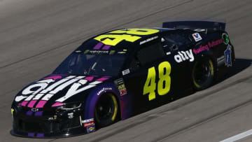 KANSAS CITY, KANSAS - OCTOBER 18: Jimmie Johnson, driver of the #48 Ally Fueling Futures Chevrolet, practices for the Monster Energy NASCAR Cup Series Hollywood Casino 400 at Kansas Speedway on October 18, 2019 in Kansas City, Kansas. (Photo by Jonathan Ferrey/Getty Images)