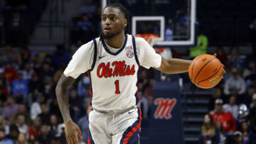 Jan 24, 2023; Oxford, Mississippi, USA; Mississippi Rebels guard Amaree Abram (1) dribbles during the second half against the Missouri Tigers at The Sandy and John Black Pavilion at Ole Miss. Mandatory Credit: Petre Thomas-USA TODAY Sports