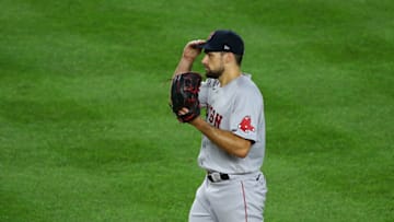 NEW YORK, NEW YORK - AUGUST 15: Nathan Eovaldi #17 of the Boston Red Sox reacts after giving up a 3-run home run to Clint Frazier #77 of the New York Yankees in the sixth inning against the Boston Red Sox at Yankee Stadium on August 15, 2020 in New York City. (Photo by Mike Stobe/Getty Images)