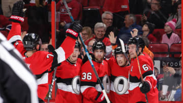 OTTAWA, ON - DECEMBER 6: Colin White #36 of the Ottawa Senators celebrates his second period power-play goal against the Montreal Canadiens with teammates Brady Tkachuk #7, Thomas Chabot #72, Ryan Dzingel #18 and Mark Stone #61 at Canadian Tire Centre on December 6, 2018 in Ottawa, Ontario, Canada. (Photo by Jana Chytilova/Freestyle Photography/Getty Images)