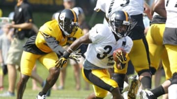 Aug 12, 2013; Latrobe, PA, USA; Pittsburgh Steelers running back LaRod Stephens-Howling (34) participates during training camp drills at Saint Vincent College. Mandatory Credit: Charles LeClaire-USA TODAY Sports