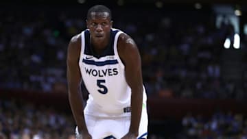 SHENZHEN, CHINA - OCTOBER 05: Gorgui Dieng #5 of the Minnesota Timberwolves looks on during the game between the Minnesota Timberwolves and the Golden State Warriors as part of 2017 NBA Global Games China at Universidade Center on October 5, 2017 in Shenzhen, China. NOTE TO USER: User expressly acknowledges and agrees that, by downloading and or using this Photograph, user is consenting to the terms and conditions of the Getty Images License Agreement. (Photo by Zhong Zhi/Getty Images)