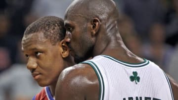 BOSTON - MAY 14: In what appeared to be an attempt at intimidating 76er rookie Lavoy Allen, the Celtics Kevin Garnett put his mouth right next to the ear of Allen as they waited for a ball to be inbounded in the fourth quarter. It was unclear whether he was talking to him at all during the seconds that he remained in this position. The Boston Celtics hosted the Philadelphia 76ers in game two of the NBA Eastern Conference Semi-Finals Playoffs at TD Garden. (Photo by Jim Davis/The Boston Globe via Getty Images)