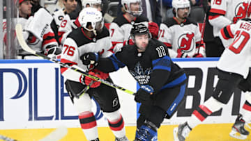 Mar 23, 2022; Toronto, Ontario, CAN; Toronto Maple Leafs forward Colin Blackwell (11) battles for position with New Jersey Devils defenseman P.K. Subban (76) in the first period at Scotiabank Arena. Mandatory Credit: Dan Hamilton-USA TODAY Sports