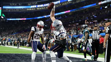 MINNEAPOLIS, MN - FEBRUARY 04: Rob Gronkowski #87 of the New England Patriots celebrates his 4-yard fourth quarter touchdown reception against the Philadelphia Eagles in Super Bowl LII at U.S. Bank Stadium on February 4, 2018 in Minneapolis, Minnesota. (Photo by Elsa/Getty Images)