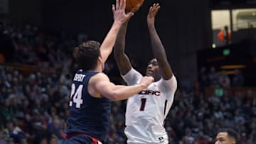 STOCKTON, CA - FEBRUARY 28: Lafayette Dorsey #1 of the Universisty Of The Pacific Tigers shoots over Corey Kispert #24 of the Gonzaga Bulldogs during the second half of their NCAA basketball game at Alex G. Spanos Center on February 28, 2019 in Stockton, California. (Photo by Thearon W. Henderson/Getty Images)