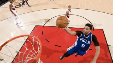 PORTLAND, OR - MARCH 9: Jahlil Okafor #8 of the Philadelphia 76ers shoots the ball against the Portland Trail Blazers during the game on March 9, 2017 at the Moda Center in Portland, Oregon. Copyright 2017 NBAE (Photo by Cameron Browne/NBAE via Getty Images)
