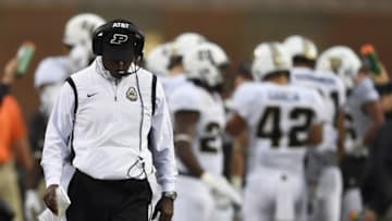 Oct 1, 2016; College Park, MD, USA; Purdue Boilermakers head coach Darrell Hazell walks down the sidelines against the Maryland Terrapins during the fourth quarter at Byrd Stadium. Mandatory Credit: Tommy Gilligan-USA TODAY Sports