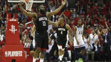 HOUSTON, TX - APRIL 25: James Harden #13 of the Houston Rockets reacts in the second half during Game Five of the first round of the 2018 NBA Playoffs against the Minnesota Timberwolves at Toyota Center on April 25, 2018 in Houston, Texas. (Photo by Tim Warner/Getty Images)