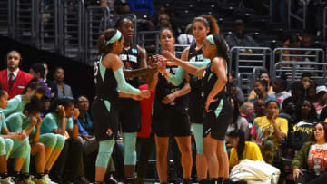 LOS ANGELES, CA - JUNE 15: The New York Liberty huddles up during the game against the Los Angeles Sparks on June 15, 2019 at the Staples Center in Los Angeles, California NOTE TO USER: User expressly acknowledges and agrees that, by downloading and or using this photograph, User is consenting to the terms and conditions of the Getty Images License Agreement. Mandatory Copyright Notice: Copyright 2019 NBAE (Photo by Juan Ocampo/NBAE via Getty Images)