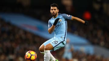 MANCHESTER, ENGLAND - JANUARY 21: Sergio Aguero of manchester City in action during the Premier League match between Manchester City and Tottenham Hotspur at Etihad Stadium on January 21, 2017 in Manchester, England. (Photo by Clive Mason/Getty Images)