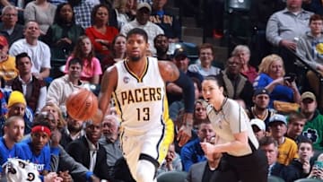 Jan 2, 2016; Indianapolis, IN, USA; Indiana Pacers forward Paul George (13) brings the ball up court against the Detroit Pistons at Bankers Life Fieldhouse. Indiana defeats Detroit 94-82. Mandatory Credit: Brian Spurlock-USA TODAY Sports