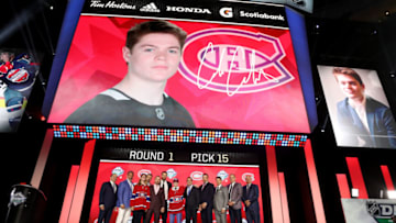 VANCOUVER, BRITISH COLUMBIA - JUNE 21: Cole Caufield reacts after being selected fifteenth overall by the Montreal Canadiens during the first round of the 2019 NHL Draft at Rogers Arena on June 21, 2019 in Vancouver, Canada. (Photo by Bruce Bennett/Getty Images)