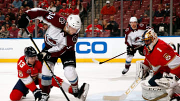 SUNRISE, FL - DECEMBER 6: Carl Soderberg #34 of the Colorado Avalanche gets set to shoot on goal against Goaltender Roberto Luongo #1 of the Florida Panthers at the BB&T Center on December 6, 2018 in Sunrise, Florida. (Photo by Eliot J. Schechter/NHLI via Getty Images)