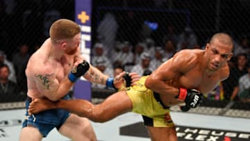 ABU DHABI, UNITED ARAB EMIRATES - SEPTEMBER 07: (R-L) Edson Barboza of Brazil kicks Paul Felder in their lightweight bout during UFC 242 at The Arena on September 7, 2019 in Yas Island, Abu Dhabi, United Arab Emirates. (Photo by Jeff Bottari/Zuffa LLC/Zuffa LLC via Getty Images)