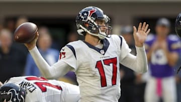 Oct 9, 2016; Minneapolis, MN, USA; Houston Texans quarterback Brock Osweiler (17) passes against the Minnesota Vikings in the fourth quarter at U.S. Bank Stadium. The Vikings win 31-13. Mandatory Credit: Bruce Kluckhohn-USA TODAY Sports