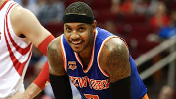 Oct 4, 2016; Houston, TX, USA; New York Knicks forward Carmelo Anthony (7) during a game against the Houston Rockets at Toyota Center. Mandatory Credit: Troy Taormina-USA TODAY Sports