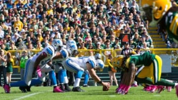 Oct 6, 2013; Green Bay, WI, USA; The Detroit Lions line up for a play during the game against the Green Bay Packers at Lambeau Field. Green Bay won 22-9. Mandatory Credit: Jeff Hanisch-USA TODAY Sports