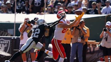 Travis Kelce #87 of the Kansas City Chiefs catches a touchdown pass over Karl Joseph #42 of the Oakland Raiders during the second quarter of an NFL football game at RingCentral Coliseum on September 15, 2019 in Oakland, California. (Photo by Thearon W. Henderson/Getty Images)