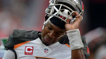 Sep 18, 2016; Glendale, AZ, USA; Tampa Bay Buccaneers quarterback Jameis Winston (3) takes off his helmet against the Arizona Cardinals during the second half at University of Phoenix Stadium. The Cardinals won 40-7. Mandatory Credit: Joe Camporeale-USA TODAY Sports