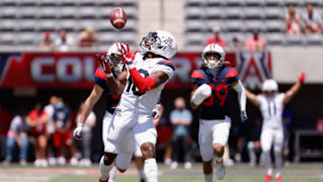 TUCSON, ARIZONA - APRIL 24: Wide receiver Jamarye Joyner #10 of the Arizona Wildcats (Team Red) makes a reception during the Arizona Spring game at Arizona Stadium on April 24, 2021 in Tucson, Arizona. (Photo by Christian Petersen/Getty Images)
