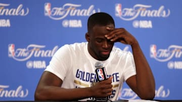 June 19, 2016; Oakland, CA, USA; Golden State Warriors forward Draymond Green (23) reacts while speaking to media following the 93-89 loss against the Cleveland Cavaliers in game seven of the NBA Finals at Oracle Arena. Mandatory Credit: Kelley L Cox-USA TODAY Sports